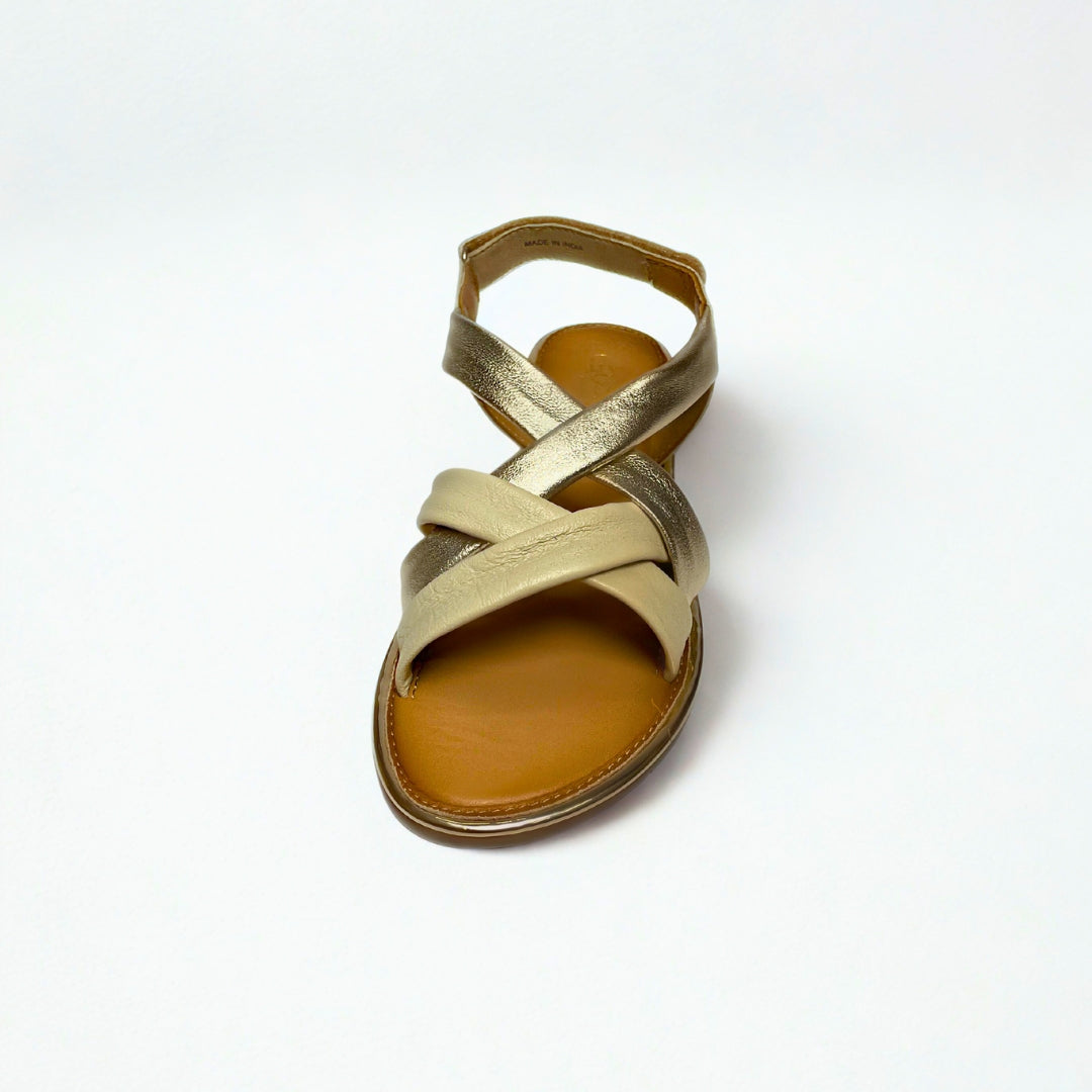Gia off-white and gold leather criss cross slingback sandals with cushioned insole, adjustable strap, and flexible sole – elegant women’s summer footwear for comfort and style.