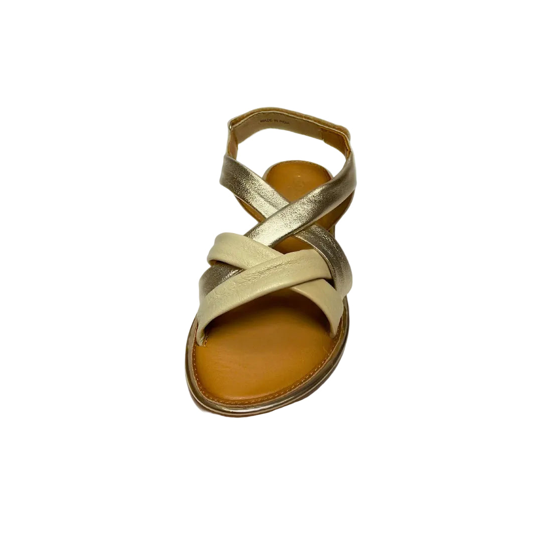 Gia off-white and gold leather criss cross slingback sandals with cushioned insole, adjustable strap, and flexible sole – elegant women’s summer footwear for comfort and style.