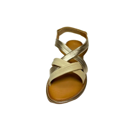 Gia off-white and gold leather criss cross slingback sandals with cushioned insole, adjustable strap, and flexible sole – elegant women’s summer footwear for comfort and style.