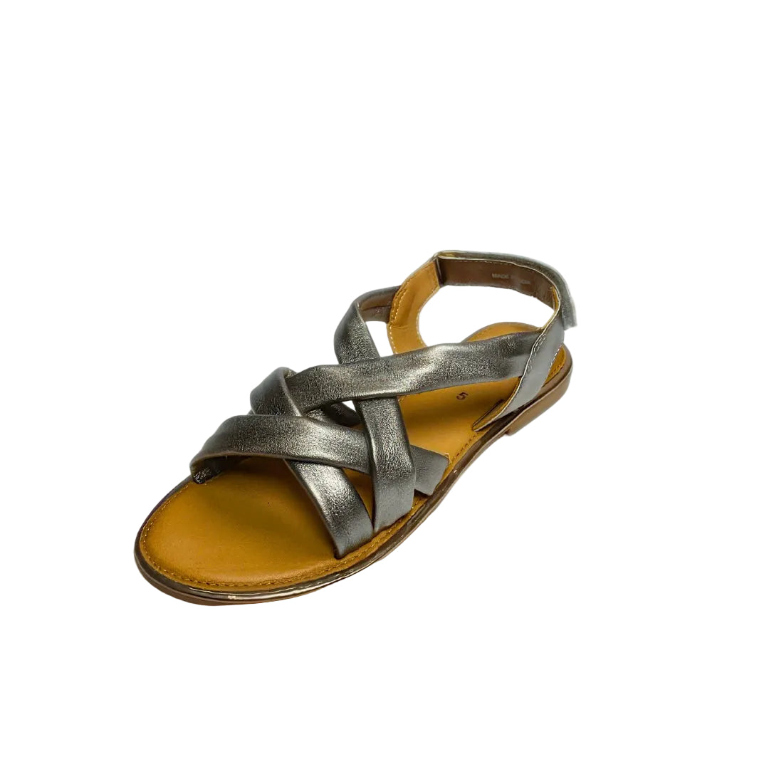 Gia pewter leather criss cross slingback sandals with cushioned insole, adjustable strap, and flexible sole – versatile women’s metallic sandals for casual and evening wear.