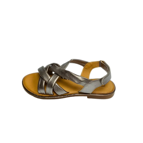 Gia pewter leather criss cross slingback sandals with cushioned insole, adjustable strap, and flexible sole – versatile women’s metallic sandals for casual and evening wear.