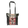 Gia pewter leather tote bag with woven tapestry panel, dual shoulder straps, antique brass hardware, and embossed logo – spacious crochet-inspired handbag for work, travel, and everyday style.