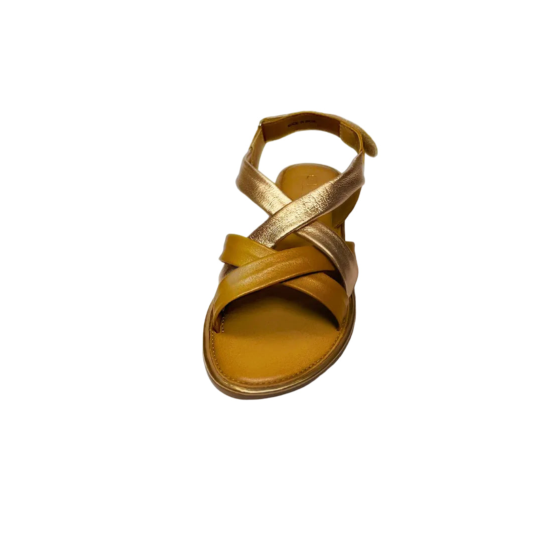 Gia rose gold and tan leather criss cross slingback sandals with cushioned insole, adjustable strap, and flexible sole – chic women’s summer sandals for comfort and style.