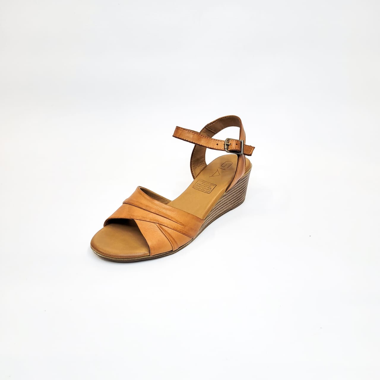 Gia Tan leather sandal with 5.5cm wedge heel, adjustable buckle ankle strap, crafted in Turkey, perfect for stylish and comfortable wear. 2
