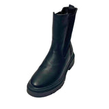 Jumbo 3/4 Black Chelsea Boot – premium synthetic leather upper in deep black. Features a chunky lug sole for added height and durability, with a rounded toe for a classic look. Elastic side panels allow for an easy slip-on fit, making it perfect for casual wear, rugged street style, and all-season versatility. 2