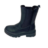 Jumbo 3/4 Black Chelsea Boot – premium synthetic leather upper in deep black. Features a chunky lug sole for added height and durability, with a rounded toe for a classic look. Elastic side panels allow for an easy slip-on fit, making it perfect for casual wear, rugged street style, and all-season versatility. 3