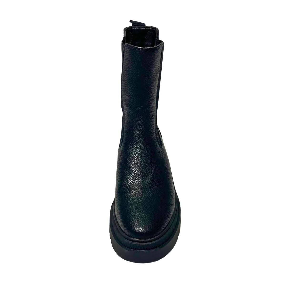 Jumbo 3/4 Black Chelsea Boot – premium synthetic leather upper in deep black. Features a chunky lug sole for added height and durability, with a rounded toe for a classic look. Elastic side panels allow for an easy slip-on fit, making it perfect for casual wear, rugged street style, and all-season versatility. 4