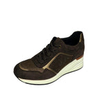 Jumbo brown lace-up wedge sneaker with diamante and bronze accents, hidden heel and white sole.
