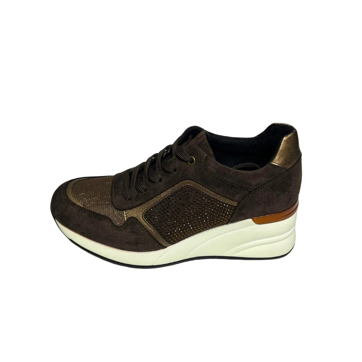 Jumbo brown lace-up wedge sneaker with diamante and bronze accents, hidden heel and white sole.
