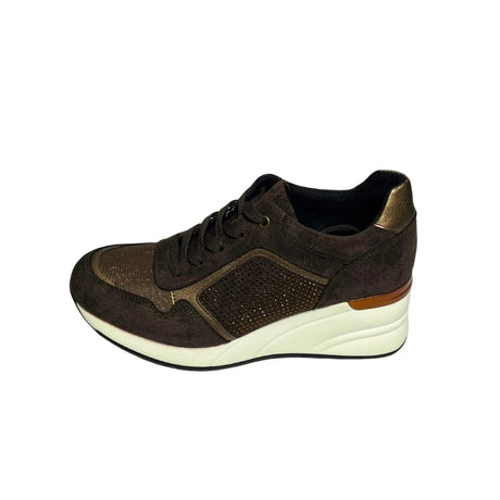 Jumbo brown lace-up wedge sneaker with diamante and bronze accents, hidden heel and white sole.
