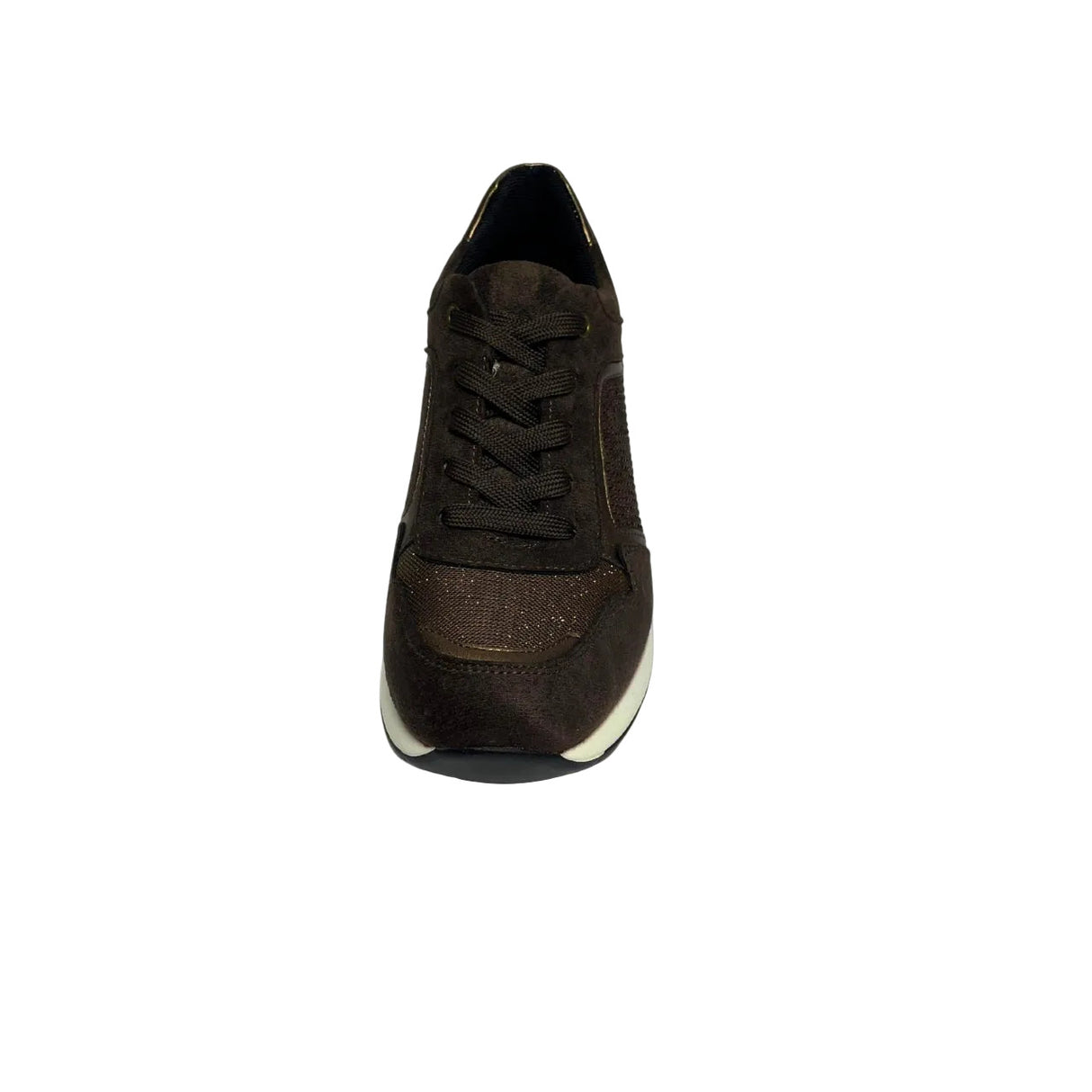 Jumbo brown lace-up wedge sneaker with diamante and bronze accents, hidden heel and white sole.

