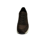 Jumbo brown lace-up wedge sneaker with diamante and bronze accents, hidden heel and white sole.
