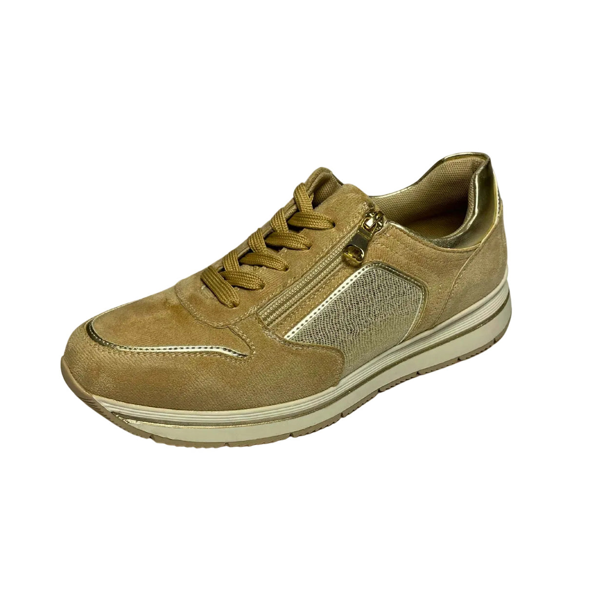 Jumbo beige lace-up sneaker with side zip, gold accents, and cushioned sole for casual comfort.
