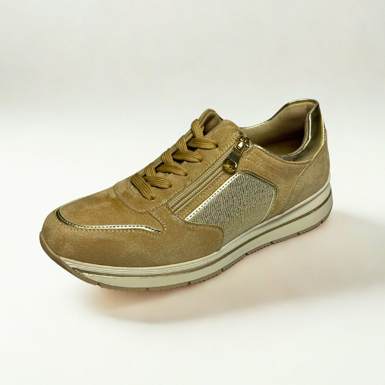 Jumbo beige lace-up sneaker with side zip, gold accents, and cushioned sole for casual comfort.
