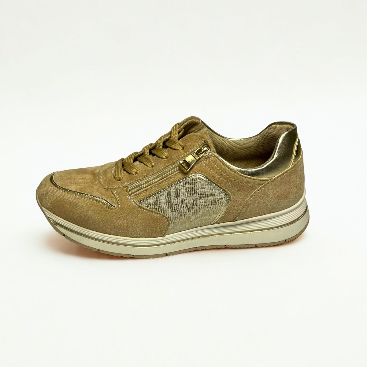 Jumbo beige lace-up sneaker with side zip, gold accents, and cushioned sole for casual comfort.