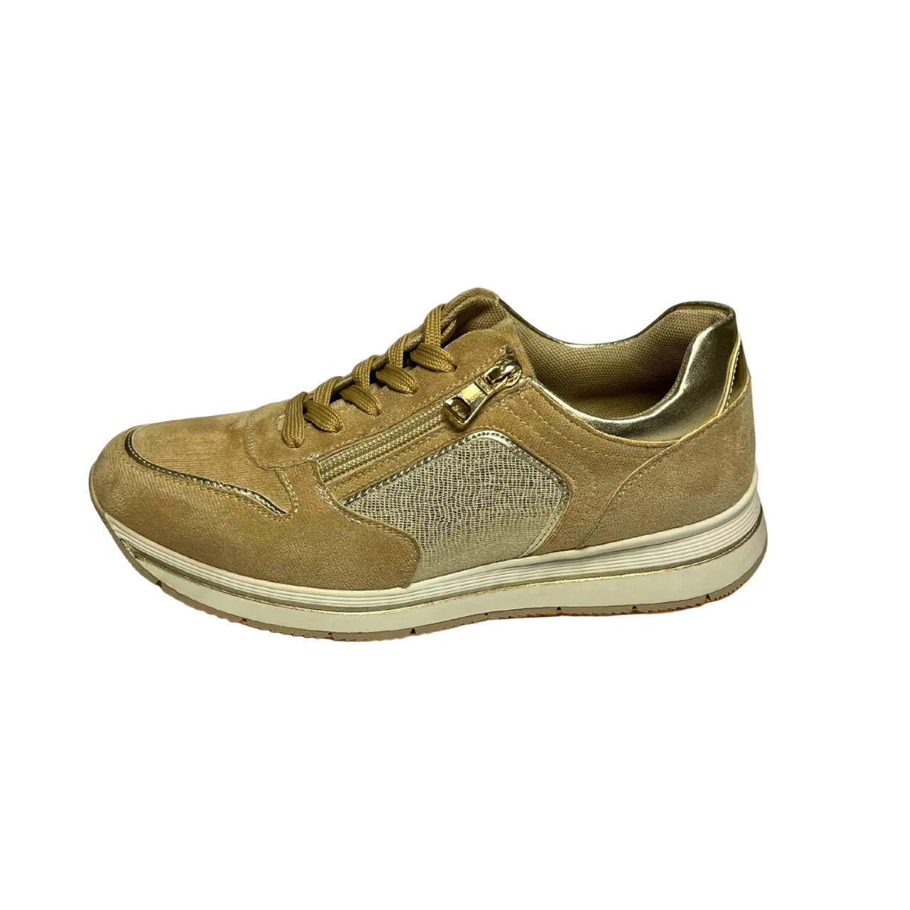 Jumbo beige lace-up sneaker with side zip, gold accents, and cushioned sole for casual comfort.