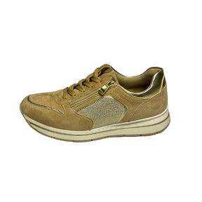 Jumbo beige lace-up sneaker with side zip, gold accents, and cushioned sole for casual comfort.