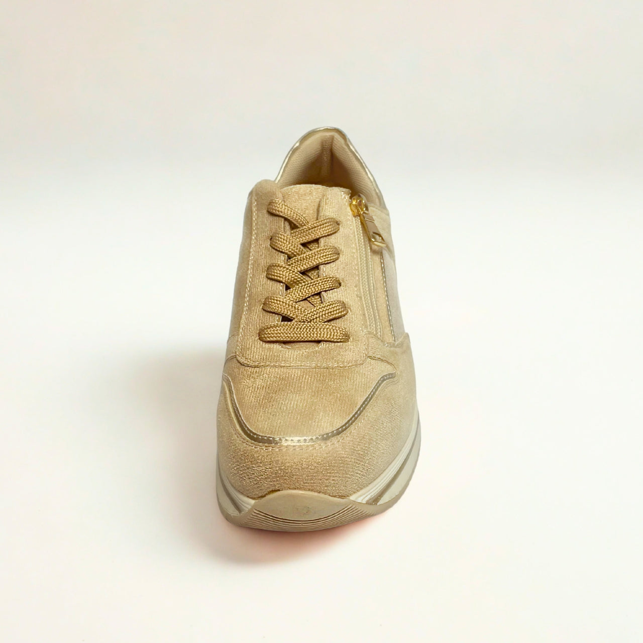 Jumbo beige lace-up sneaker with side zip, gold accents, and cushioned sole for casual comfort.
 