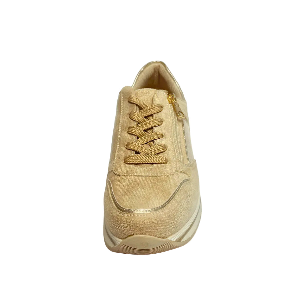 Jumbo beige lace-up sneaker with side zip, gold accents, and cushioned sole for casual comfort.
 
