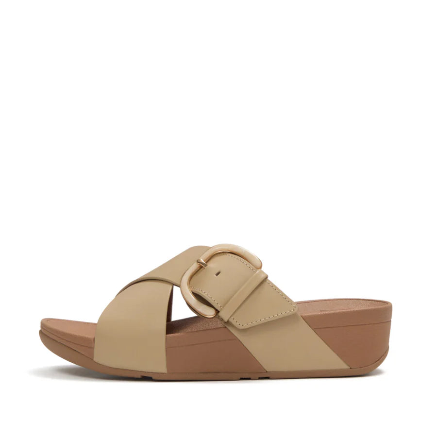 Fitflop Lulu Resin-Buckle Leather Cross Slides - Cappuccino