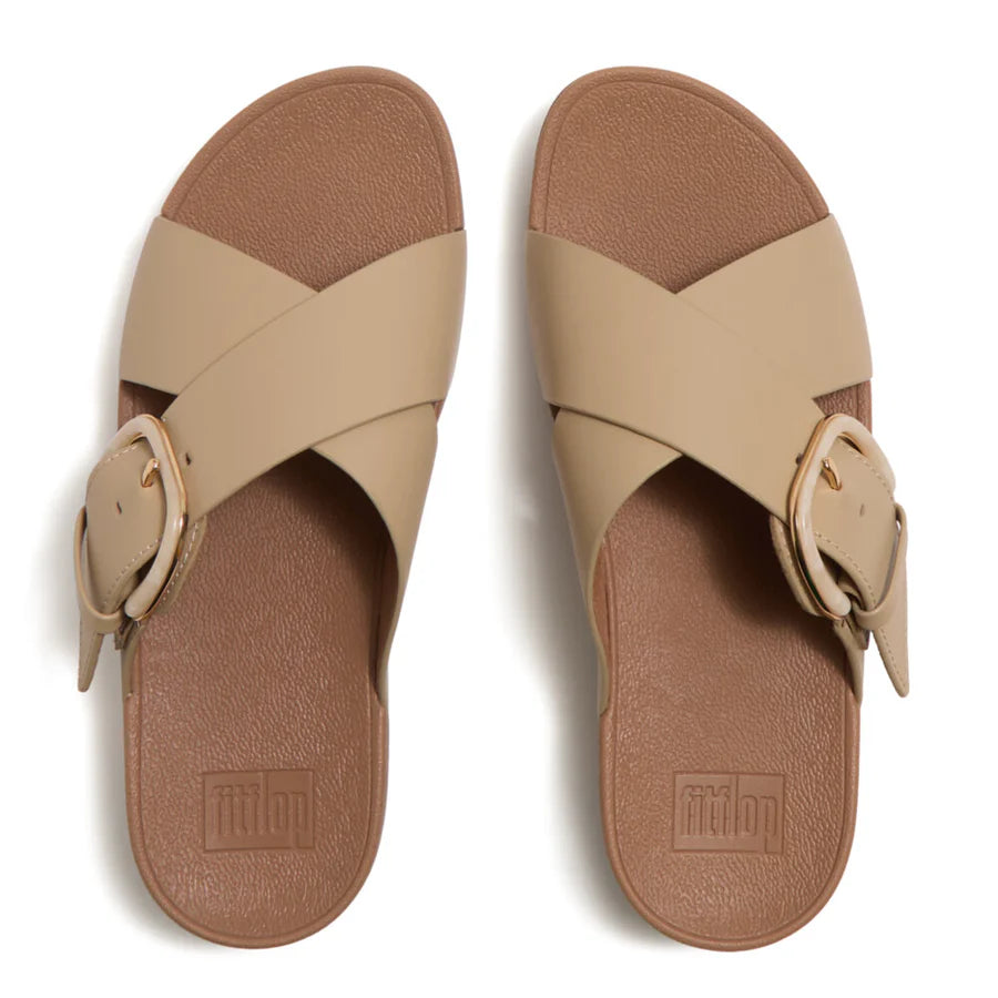 Fitflop Lulu Resin-Buckle Leather Cross Slides - Cappuccino