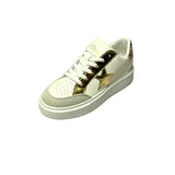 Miss Black Twinkle 1 White/Gold Lace-Up Sneaker – Faux leather upper with star detail and mixed materials. Featuring a round toe, lace-up design, and thick bottom for added comfort. Heel height: 4 cm. Perfect for casual wear and adding a touch of sparkle to your look. 2