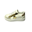 Miss Black Twinkle 1 White/Gold Lace-Up Sneaker – Faux leather upper with star detail and mixed materials. Featuring a round toe, lace-up design, and thick bottom for added comfort. Heel height: 4 cm. Perfect for casual wear and adding a touch of sparkle to your look. 3