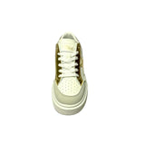 Miss Black Twinkle 1 White/Gold Lace-Up Sneaker – Faux leather upper with star detail and mixed materials. Featuring a round toe, lace-up design, and thick bottom for added comfort. Heel height: 4 cm. Perfect for casual wear and adding a touch of sparkle to your look. 4