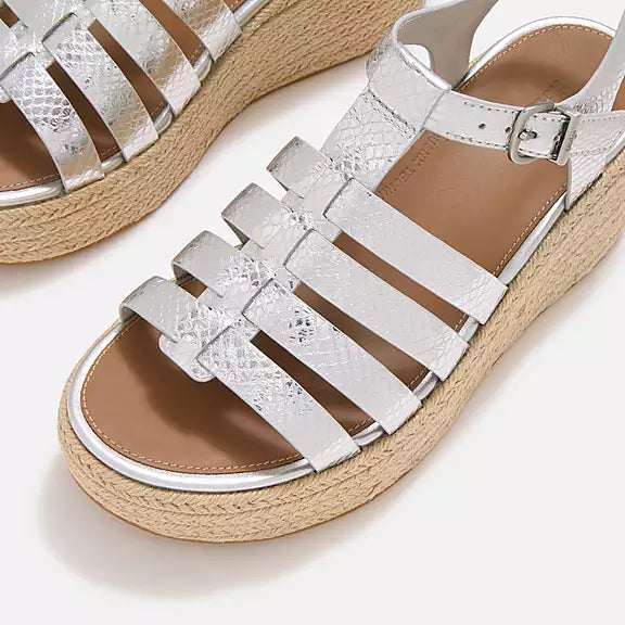 FitFlop PLATFFORMS Leather Espadrille Wedge Sandals - Silver Snake