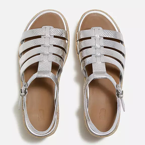 FitFlop PLATFFORMS Leather Espadrille Wedge Sandals - Silver Snake