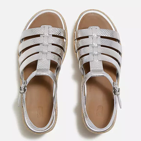 FitFlop PLATFFORMS Leather Espadrille Wedge Sandals - Silver Snake