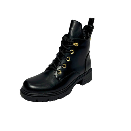 Plum Lace Up Ankle black faux leather boot with round toe, tonal lace-up front, cushioned collar, ankle support, and durable low-profile sole 2