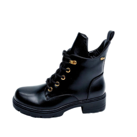 Plum Lace Up Ankle black faux leather boot with round toe, tonal lace-up front, cushioned collar, ankle support, and durable low-profile sole 3