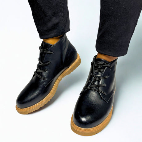 Plum Lace Up Ankle black faux leather boot with round toe, tonal lace-up front, cushioned collar, ankle support, and durable low-profile sole 1