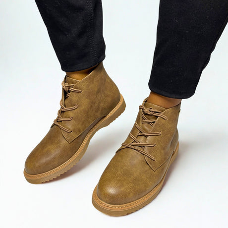 Plum Lace Up Ankle chocolate brown faux leather boot with round toe, lace-up front, cushioned collar, and durable low-profile sole 1