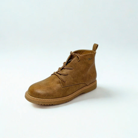 Plum Lace Up Ankle chocolate brown faux leather boot with round toe, lace-up front, cushioned collar, and durable low-profile sole 2