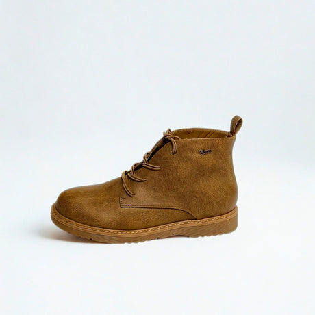 Plum Lace Up Ankle chocolate brown faux leather boot with round toe, lace-up front, cushioned collar, and durable low-profile sole 3