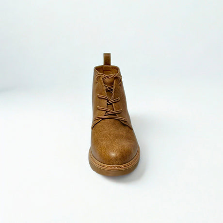 Plum Lace Up Ankle chocolate brown faux leather boot with round toe, lace-up front, cushioned collar, and durable low-profile sole 4