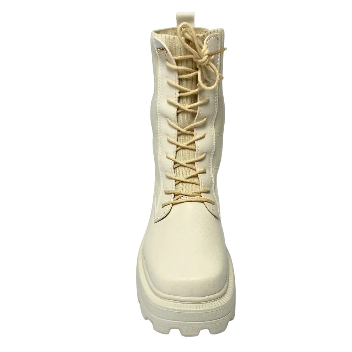 Plum beige combat-style boot with ribbed knit shaft, chunky lug sole, and lace-up front.