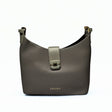 Savoy U-Shaped Handbag in grey – structured pebbled leather bag with gold-tone push-lock flap, adjustable strap, and minimalist SAVOY branding 1