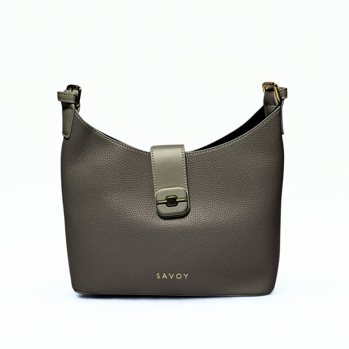 Savoy U-Shaped Handbag in grey – structured pebbled leather bag with gold-tone push-lock flap, adjustable strap, and minimalist SAVOY branding 1