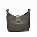 Savoy U-Shaped Handbag in grey – structured pebbled leather bag with gold-tone push-lock flap, adjustable strap, and minimalist SAVOY branding 1