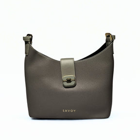 Savoy U-Shaped Handbag in grey – structured pebbled leather bag with gold-tone push-lock flap, adjustable strap, and minimalist SAVOY branding 1