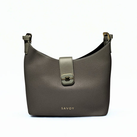 Savoy U-Shaped Handbag in grey – structured pebbled leather bag with gold-tone push-lock flap, adjustable strap, and minimalist SAVOY branding 1