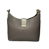 Savoy U-Shaped Handbag in grey – structured pebbled leather bag with gold-tone push-lock flap, adjustable strap, and minimalist SAVOY branding 2
