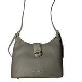 Savoy U-Shaped Handbag in grey – structured pebbled leather bag with gold-tone push-lock flap, adjustable strap, and minimalist SAVOY branding 3