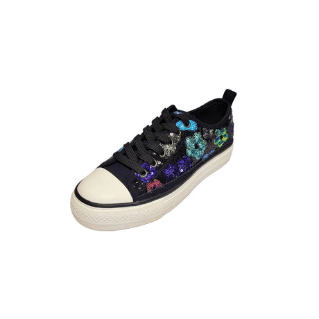 Savoy Black Floral Lace-Up Sneaker – stylish sneaker featuring a sequin floral fabric upper in beige with multicolor floral details. Designed with a thick platform sole for comfort, a classic rubber toe cap for durability, and a secure lace-up closure. Perfect for casual wear and trendy street style. 2