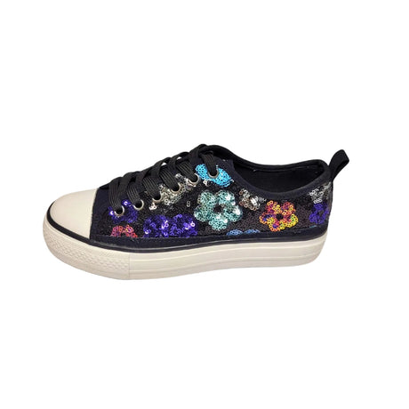 Savoy Black Floral Lace-Up Sneaker – stylish sneaker featuring a sequin floral fabric upper in beige with multicolor floral details. Designed with a thick platform sole for comfort, a classic rubber toe cap for durability, and a secure lace-up closure. Perfect for casual wear and trendy street style. 3