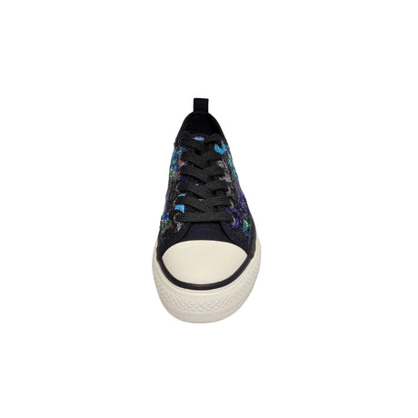 Savoy Black Floral Lace-Up Sneaker – stylish sneaker featuring a sequin floral fabric upper in beige with multicolor floral details. Designed with a thick platform sole for comfort, a classic rubber toe cap for durability, and a secure lace-up closure. Perfect for casual wear and trendy street style. 4
