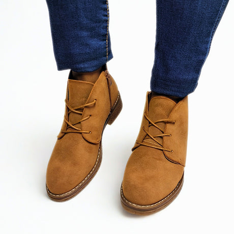 Savoy Suede Tan Ankle Boot – lace-up front, side zip, low stacked heel, cushioned footbed, and textured rubber outsole for all-day comfort 1